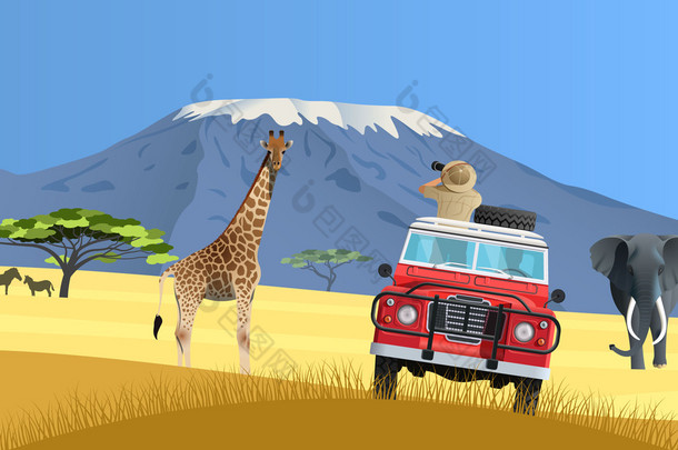 Safari 的卡车在非洲大草原