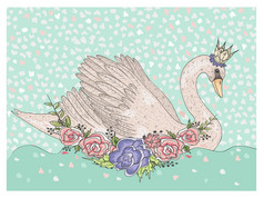 用冠和花的可爱天鹅。孩子们的童话故事背景 