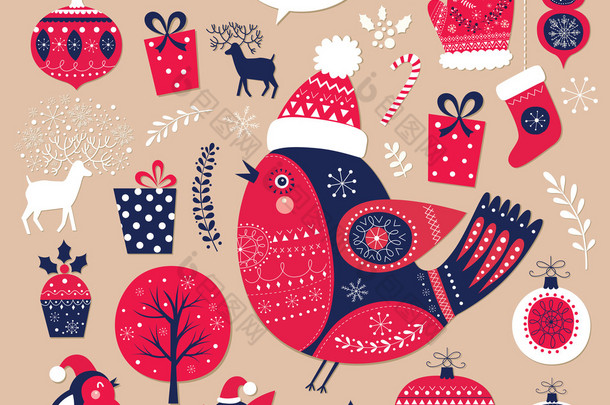 圣诞套鸟、 礼物和装饰