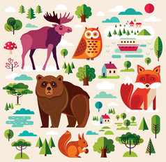 森林动物和树木