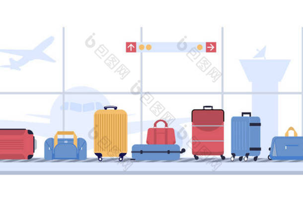 行李机场的<strong>旋转木马</strong>。 行李箱扫描，行李传送带与袋和行李箱。 航空公司航班运输媒介说明