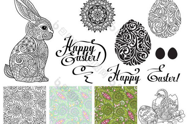 复活节快乐的设计元素与花边蛋和 c 一套