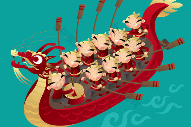 中国<strong>儿童</strong>划船庆祝中国<strong>端午</strong>节的队伍的漫画插图 