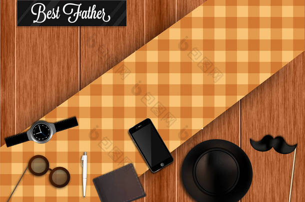 愉快的父亲节庆祝概念与领带, 智能手机, 花哨的眼镜, 钱包在木质背景。顶部视图. 