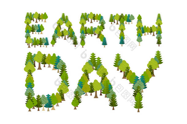 <strong>世界地球日</strong>。刻字和森林。树木和排版。国际