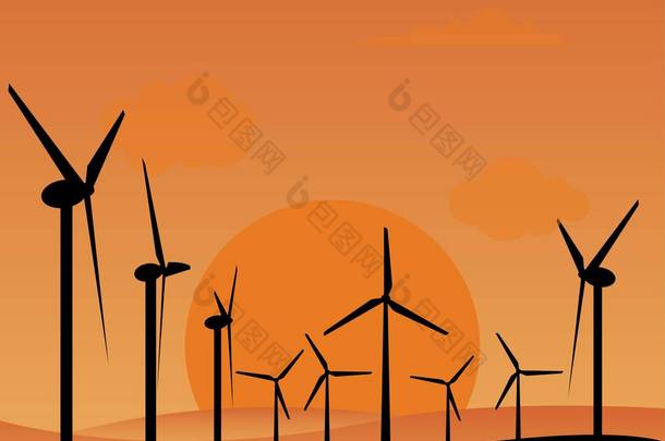 电风车在日落时剪影,绿色能源概念