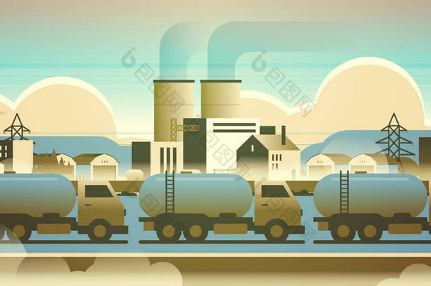 燃气或油罐车超过工厂建筑工业区用烟囱自然污染污染污染环境生产技术概念水平平