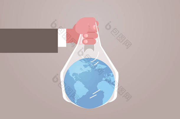 人手抱着地球在袋说没有塑料污染回收<strong>生态</strong>问题拯救地球概念平水平