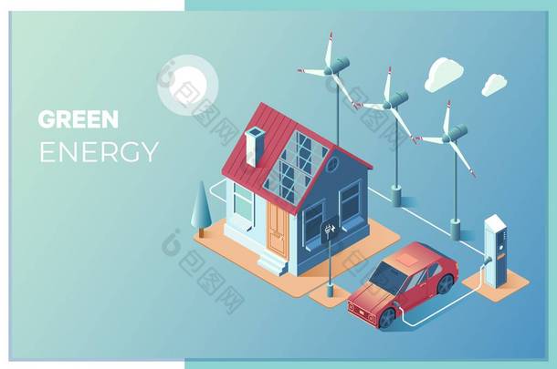 传输太阳能和风能供家庭使用。太阳能电池板和风力涡轮机为智能家居和<strong>电动汽车</strong>提供电力.