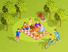 家庭夏天农村野餐等轴视图 