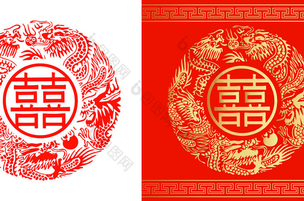 东方双喜图标设计婚礼庆典、 双溪红和白色背景上的黄金