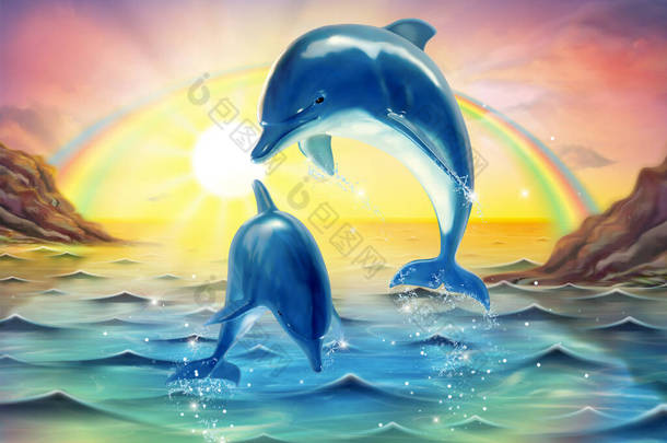 可爱的突破瓶颈海豚在黎明阳光的天空3D插图，海洋壁画