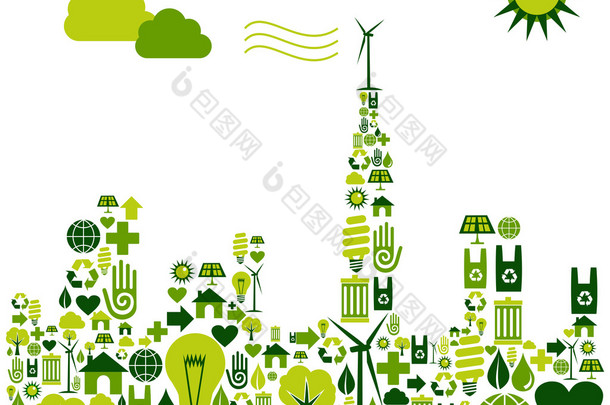 绿色城市剪影与环境的图标
