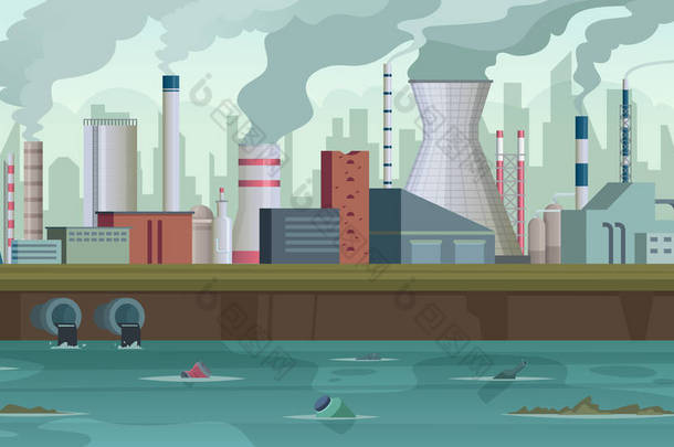 肮脏的工厂垃圾和烟雾从城市工厂生产河流污染城市烟雾的天空概念背景