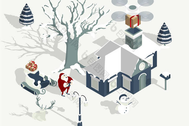 圣诞老人的例证载体用无人机送礼物盒到孩子的房子, 圣诞老人无人机交付的设计概念