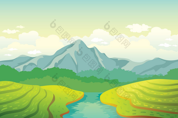 夏日风景与场、 河流和山脉.