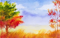 秋季景观。水彩插图.