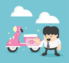 新的粉红色摩托车与商人.