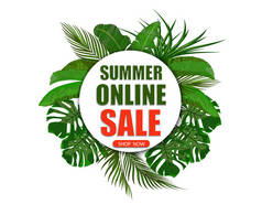 夏天在线销售。现在就去买以棕榈叶为背景的横幅。图例