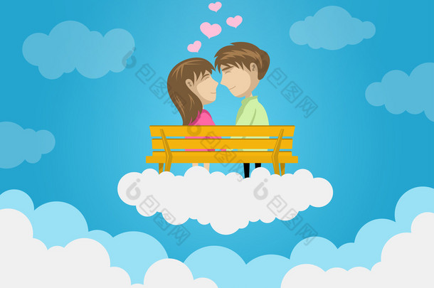 可爱的情侣在云端约会，爱情，浪漫，亲吻