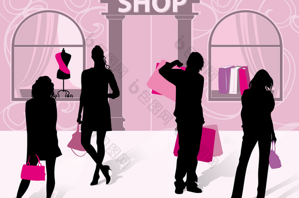 男子和妇女与购物的 silhouettes