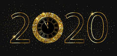 新年快乐2020闪亮的横幅与金黄时钟.