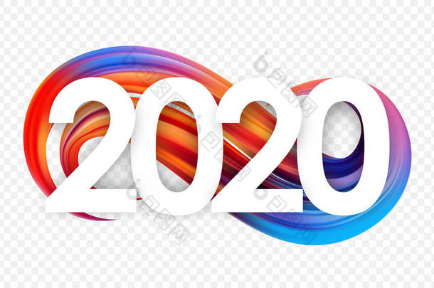新年快乐。2020年数量与彩色抽象扭曲的油漆笔画形状。时尚设计
