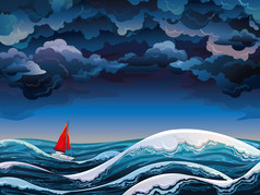 红帆船和风雨如磐的天空