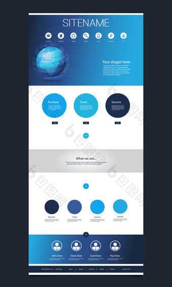 带有地球仪标题设计的单页网站模板图片