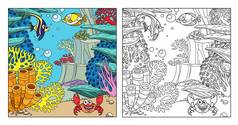 海底世界，有鱼类、螃蟹、珊瑚和海葵的颜色和白底着色页的轮廓