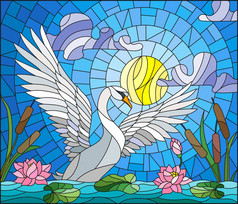 在阳光、天空和云彩的池塘上用天鹅、莲花和芦苇在彩色玻璃风格上的插图