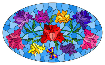彩色玻璃插画，插花、彩花和树叶图片