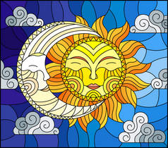 在彩色玻璃风格、 抽象的太阳和月亮在天空中的插图