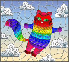 彩色玻璃插图与动画片彩虹猫在天空和云彩的背景