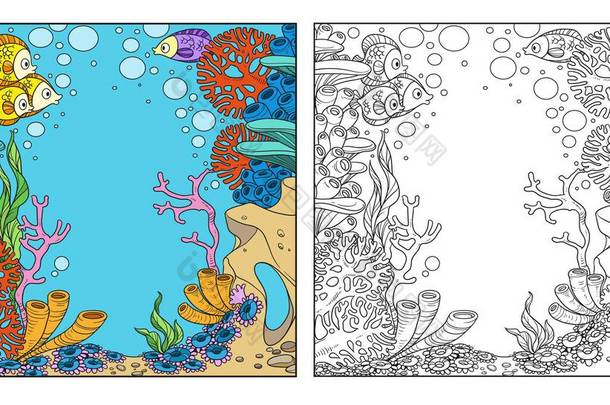 海底世界，白底有珊瑚和海葵着色页