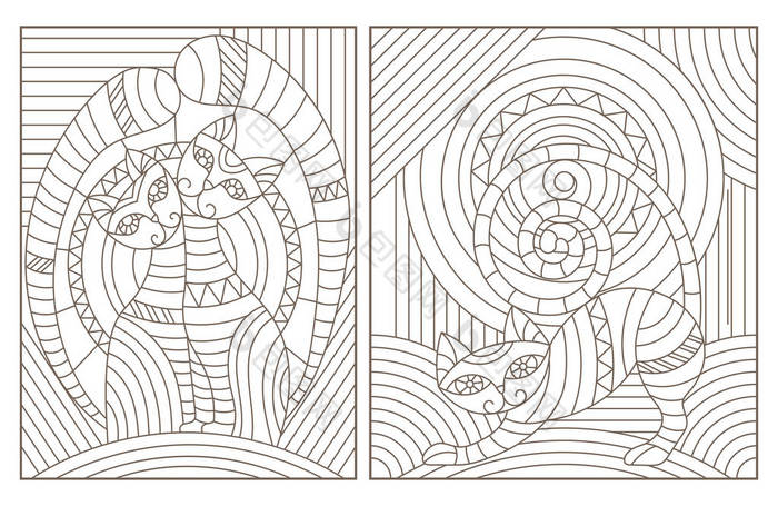 一套带有抽象猫科动物的彩色玻璃样式的轮廓图，白色背景的深色轮廓图