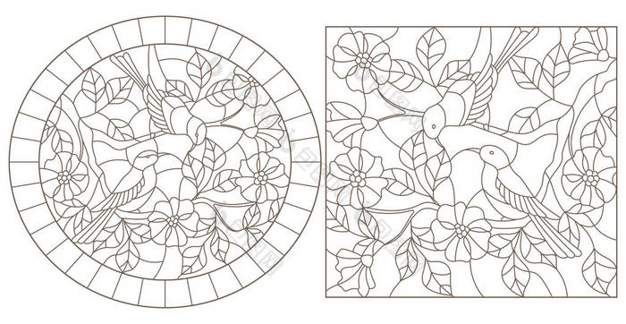 一套彩色玻璃风格的等高线插图, 与开花植物的枝条上的鸟类, 白色背景上的深色等高线