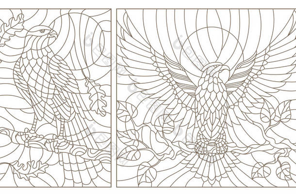 在一根树枝上设置轮廓插图的彩色玻璃鸟、 鹰、 鹰