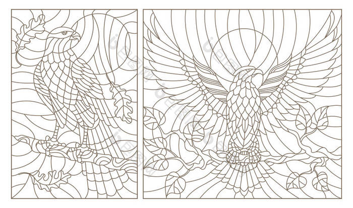 在一根树枝上设置轮廓插图的彩色玻璃鸟、 鹰、 鹰