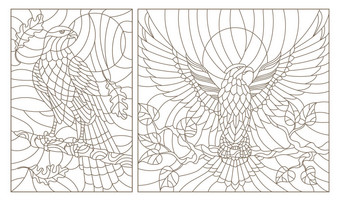 在一根树枝上设置轮廓插图的彩色玻璃鸟、 鹰、 鹰图片