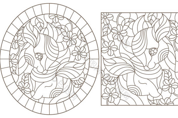色彩斑斓的<strong>玻璃窗</strong>的一组轮廓图，带有小鹿和花朵，白色背景上有深色轮廓