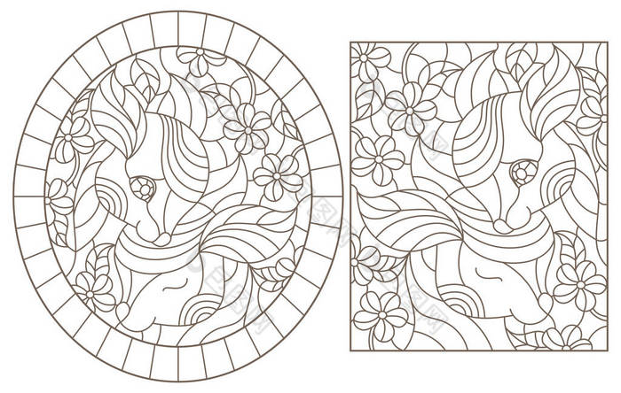 色彩斑斓的玻璃窗的一组轮廓图，带有小鹿和花朵，白色背景上有深色轮廓
