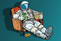 宇航员用啤酒和爆米花坐在椅子上的观众