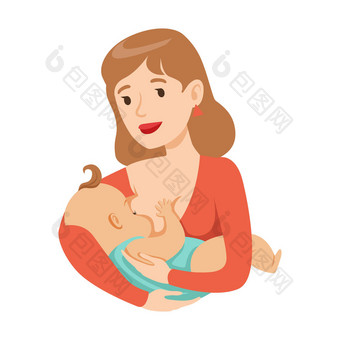 年轻妈妈母乳喂养宝宝母乳，姹紫嫣红的卡通人物矢量图图片