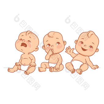 一套婴儿情感肖像。卡通小宝宝 6-12, 穿着尿布, 笑, 哭, 好奇的婴儿。悲伤, 快乐, 体贴的孩子。素描风格。被隔绝的五颜六色的向量例证.图片