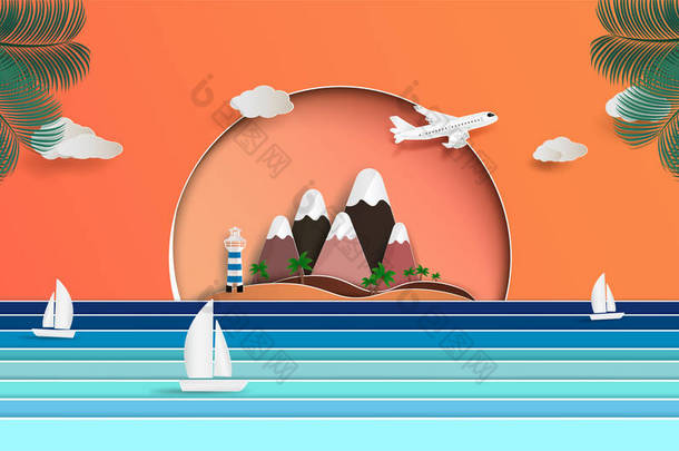 网页设计是在夏季。和<strong>浩瀚</strong>的大海。和关于旅游和假期在假期。和设计折纸或纸艺术，和帆船在海洋上。和插图或背景.