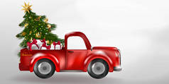 圣诞快乐，新年快乐，还有红色的卡车和圣诞树。 木制背景的雪地森林.