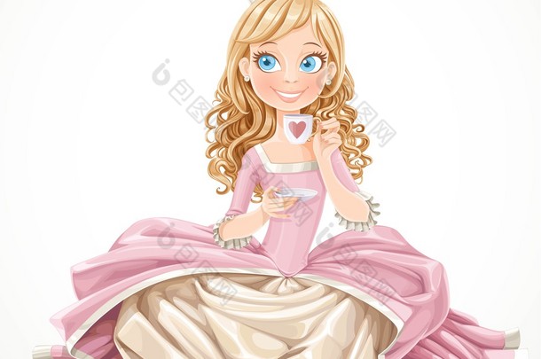 美丽的公主在粉红色衣服坐在地板上按住