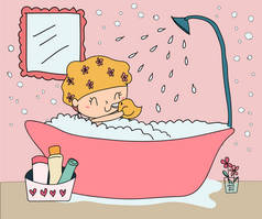 涂鸦手画的快乐女孩在浴缸里沐浴淋浴设备