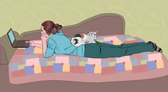 一台笔记本电脑和一只猫在家里在沙发上的女孩